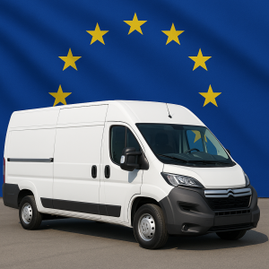 “Van Transport Manager CPC 2025 – white commercial van with European Union flag illustrating new EU and UK compliance rules for vans between 2.5t and 3.5t.”