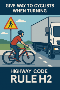 Illustration showing a cyclist and HGV at a junction highlighting Highway Code Rule H2 — drivers giving way to cyclists and vulnerable road users when turning.