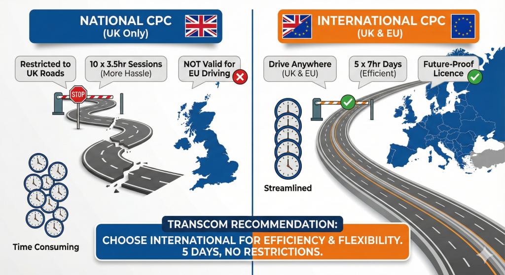 Comparison of National vs International Driver CPC 2026 rules showing 3.5 hour vs 7 hour modules