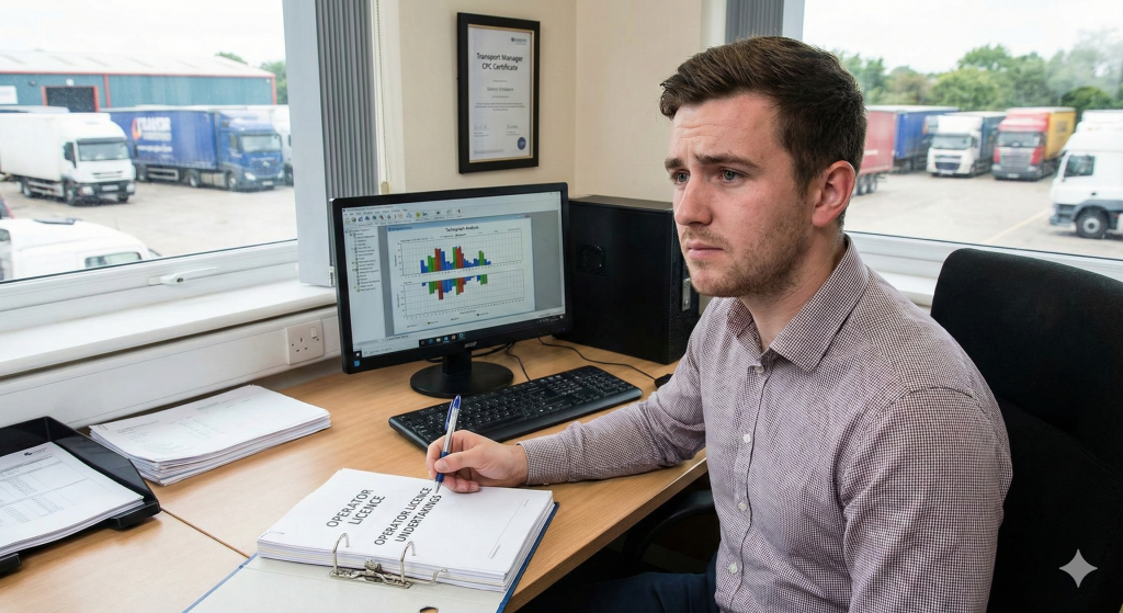 A newly qualified transport manager sitting in a transport office reviewing operator licence undertakings, with a fleet of HGVs visible out the window.