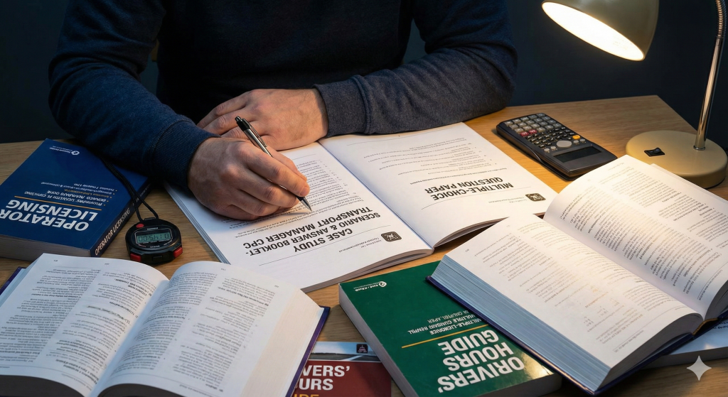 A candidate studying for the Transport Manager CPC exam with open textbooks, a calculator, and Case Study and Multiple Choice exam papers.