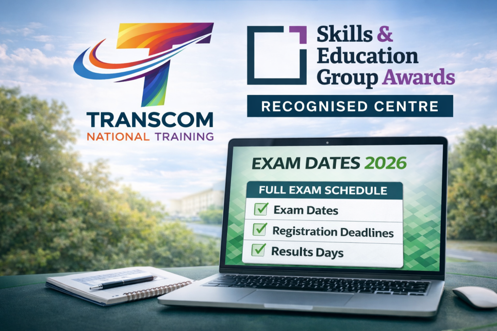Transport Manager CPC exam dates 2026 displayed on a laptop screen for online exams with Transcom National Training and SEG Awards recognised centre logos