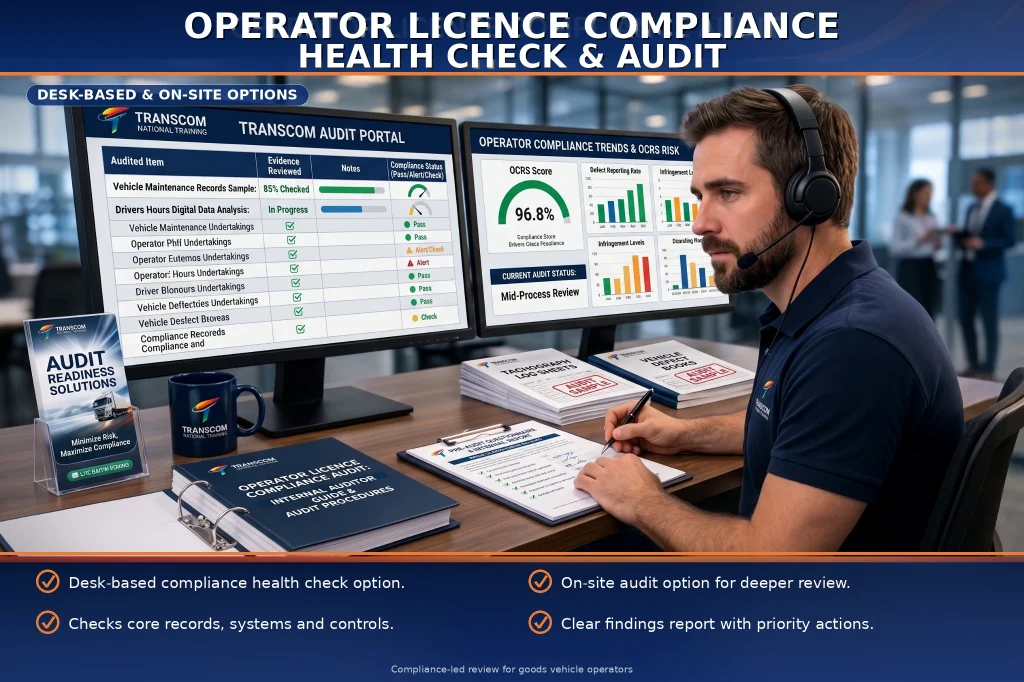 Operator licence compliance health check and audit by Transcom National Training, showing a desk-based transport compliance review with audit dashboards, records and OCRS risk analysis.