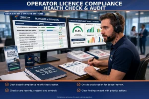 Operator licence compliance health check and audit by Transcom National Training, showing a desk-based transport compliance review with audit dashboards, records and OCRS risk analysis.