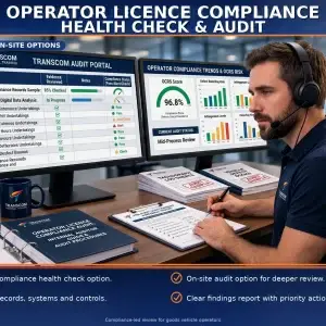 Operator licence compliance health check and audit by Transcom National Training, showing a desk-based transport compliance review with audit dashboards, records and OCRS risk analysis.