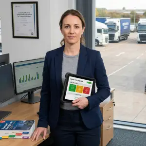 Professional Transport Manager in a UK logistics hub, holding a digital defect reporting tablet, overseeing HGV fleet compliance and driver walkaround checks, demonstrating role readiness and continuous control.