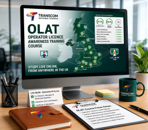 Operator Licence Awareness Training OLAT course online by Transcom National Training showing UK-wide live online training for directors, managers and restricted operators