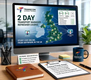 Transcom National Training 2 Day Transport Manager Refresher Course shown on a computer screen with UK-wide live online training and compliance course focus areas.