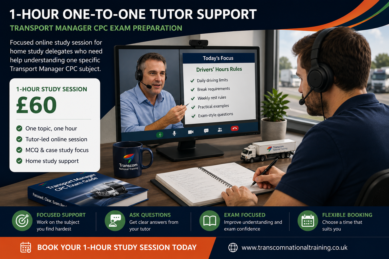 Transport Manager CPC one-to-one online tutor support session for home study delegates preparing for MCQ and case study exams