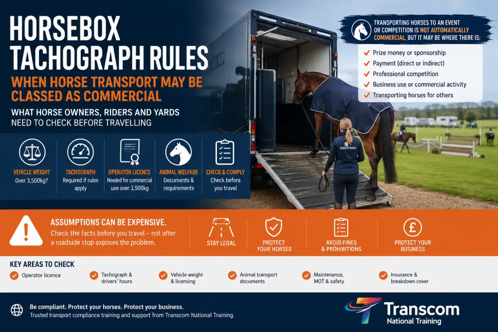 Horsebox tachograph rules and operator licence compliance guide for horse owners, riders, yards and equestrian businesses transporting horses.