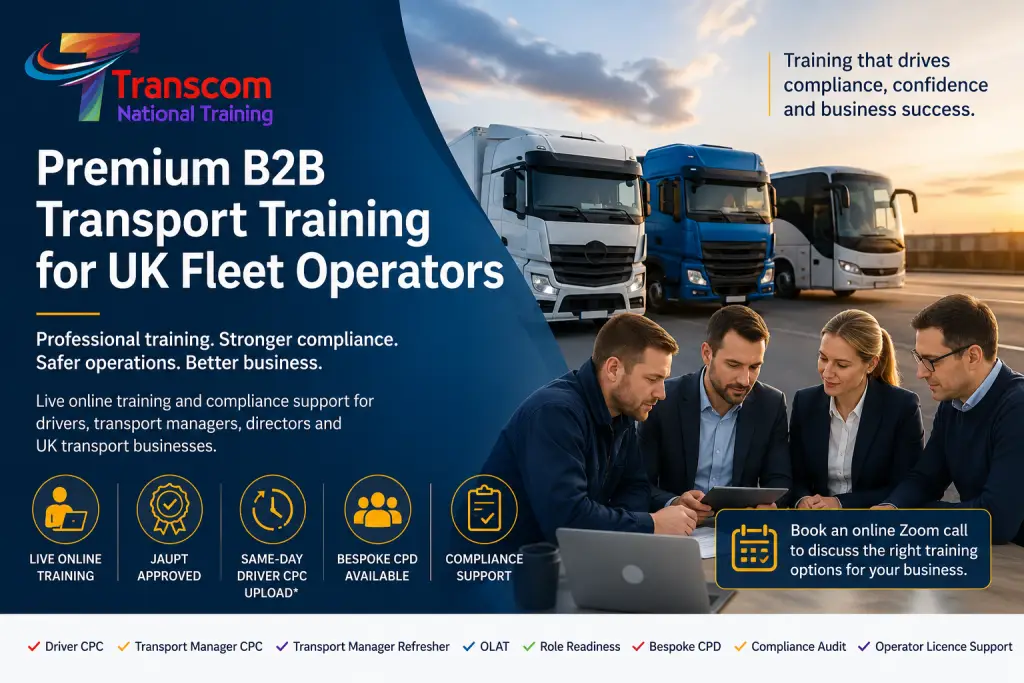 Transcom National Training premium B2B transport training for UK fleet operators, showing HGVs, a coach and a business training discussion.