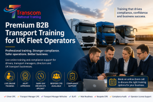 Transcom National Training premium B2B transport training for UK fleet operators, showing HGVs, a coach and a business training discussion.