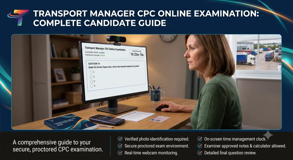 A candidate taking the Transport Manager CPC online proctored exam at a desk, with a checklist of secure examination requirements and rules.
