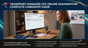 A candidate taking the Transport Manager CPC online proctored exam at a desk, with a checklist of secure examination requirements and rules.