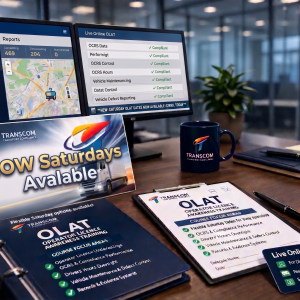 A corporate desk setup displaying Transcom promotional materials for live online Operator Licence Awareness Training, highlighting that weekend Saturday OLAT courses are now available for booking.